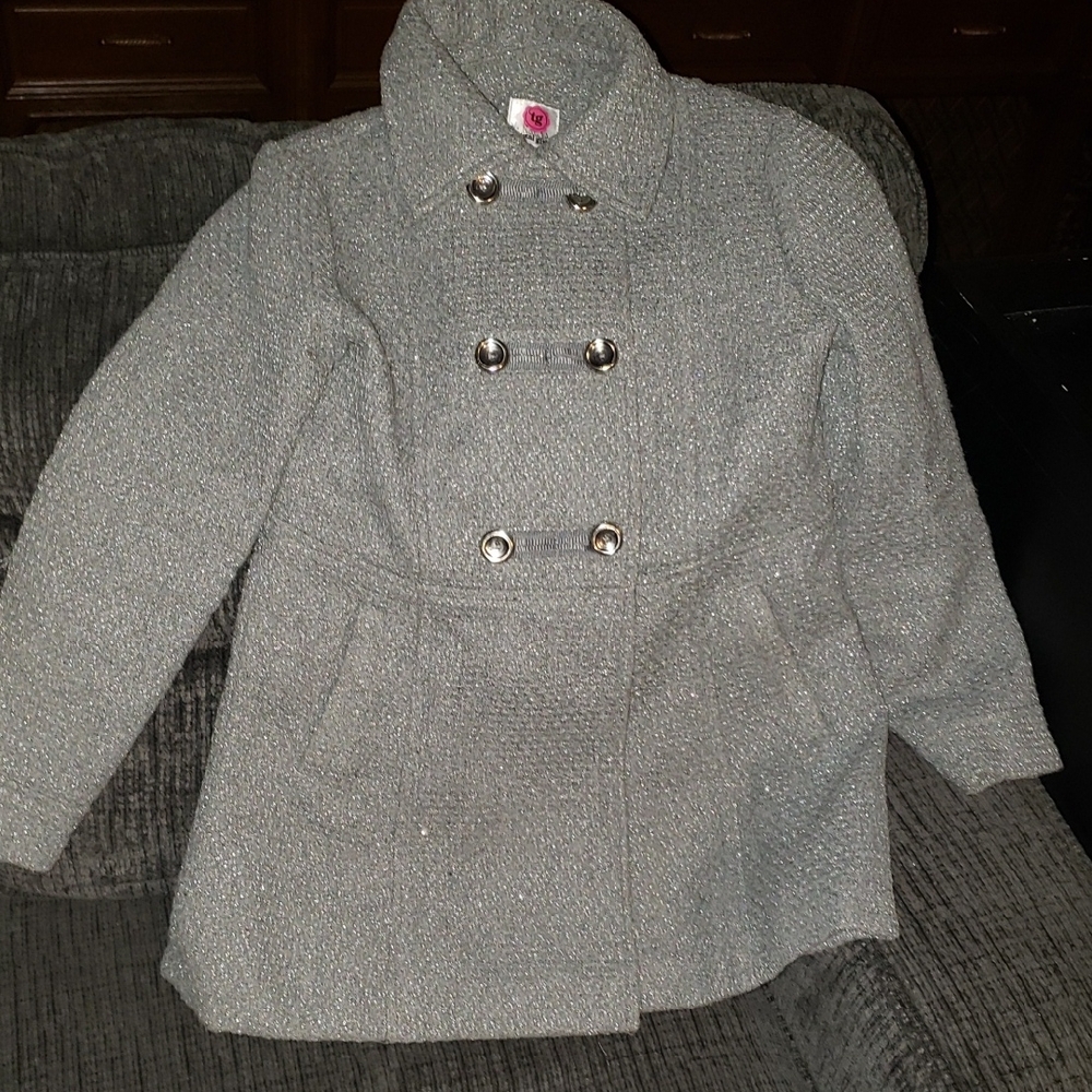 Total Girl Silvery Gray Double-Breasted Girls Coat, size large 10/12